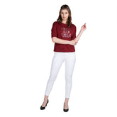 Astron – Boat Neck Printed Maroon Color Cotton T-Shirt for Women